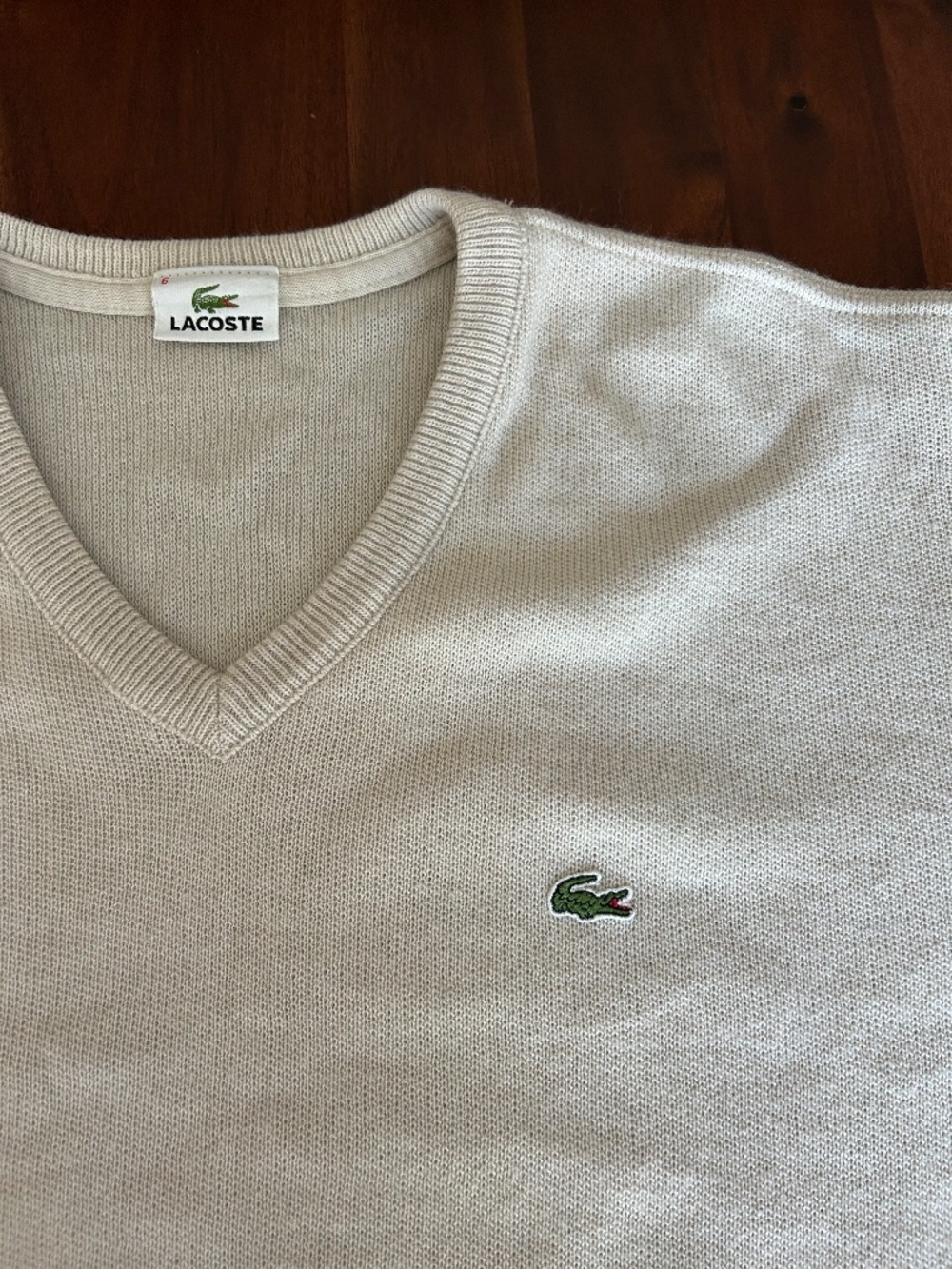 Vintage Lacoste V-Neck Knit Sweater - Beige/Cream - Men's Size 6 (XL)